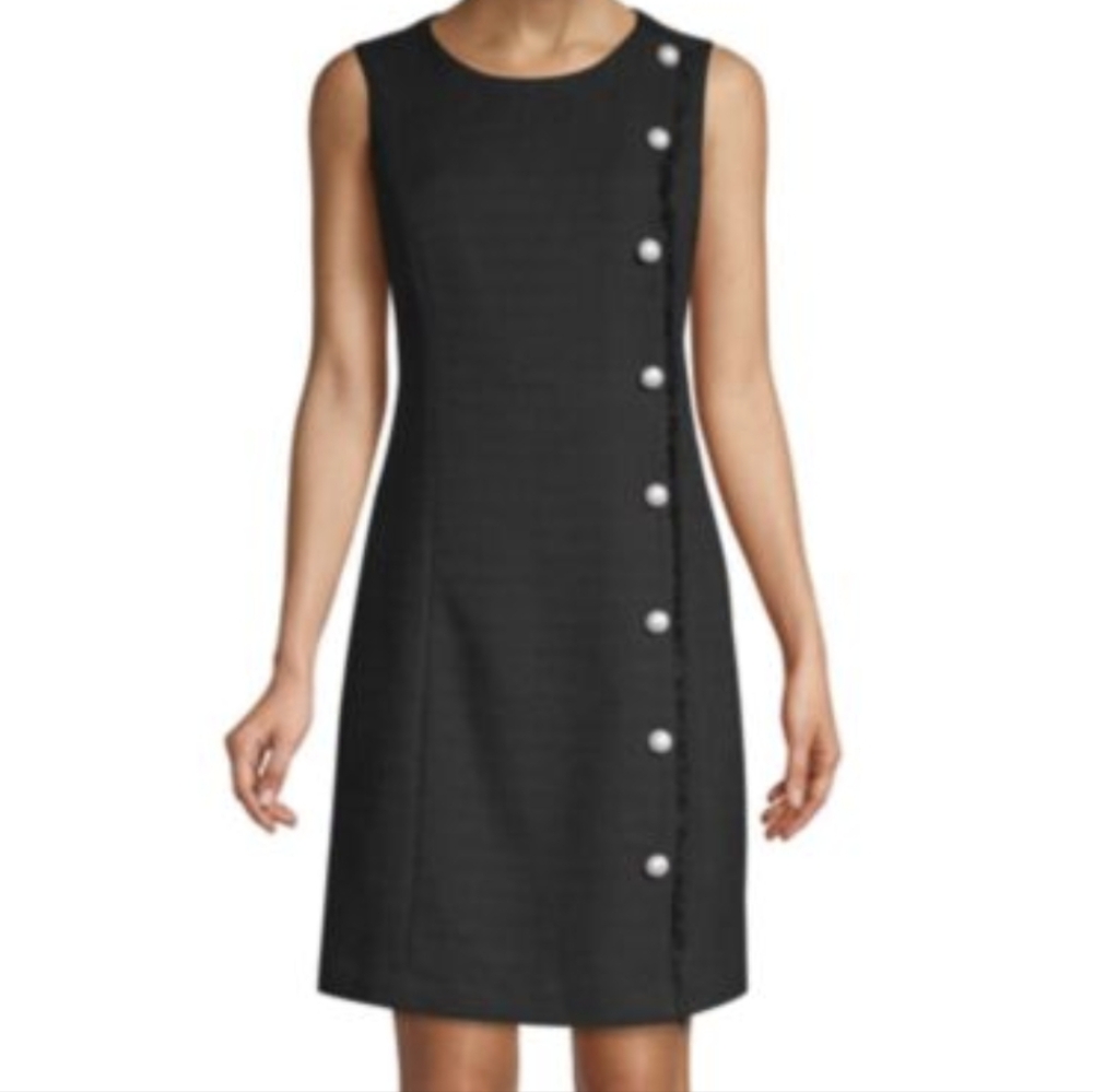 NWT Karl Lagerfeld | Boucle Pearl Button Tweed Textured A-Line Dress Black Sz 10